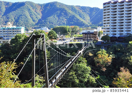 栃木県日光市 鬼怒楯岩大吊橋と鬼怒川温泉街と山並み 栃木県日光市 鬼怒楯岩大吊橋と鬼怒川温泉街と山並み 85935441