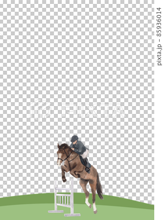 Jockey on horse. Black horse Jumping. Equestrian Events. Show Jumping Competition. Watercolor painting illustration isolated on frame white background 85936014