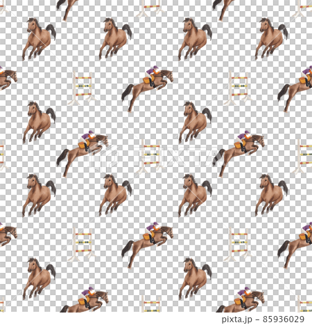 Jockey on horse. Black horse Jumping. Equestrian Events. Show Jumping Competition. Watercolor painting illustration pattern seamless 85936029