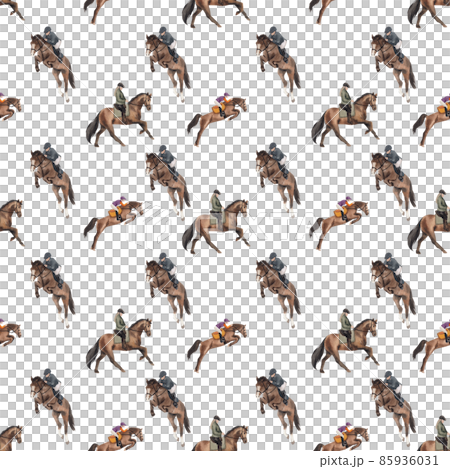 Jockey on horse. Black horse Jumping. Equestrian Events. Show Jumping Competition. Watercolor painting illustration pattern seamless 85936031