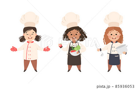 Children Chef in White Toque and Uniform Enjoying Culinary and Cookery Holding Pot and Bowl with Vegetable Vector Set Children Chef in White Toque and Uniform Enjoying Culinary and Cookery Holding Pot and Bowl with Vegetable Vector Set 85936053