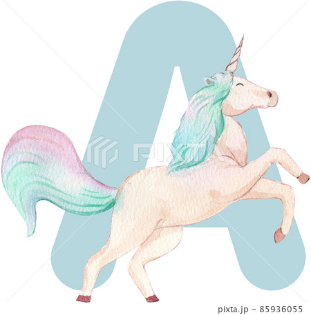 Alphabet A-Z isolated cute watercolor unicorn and stars clipart. Nursery unicorns illustration. Princess unicorns poster. Trendy pink cartoon horse. Alphabet A-Z isolated cute watercolor unicorn and stars clipart. Nursery unicorns illustration. Princess unicorns poster. Trendy pink cartoon horse. 85936055