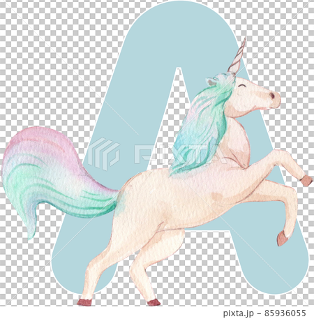 Alphabet A-Z isolated cute watercolor unicorn and stars clipart. Nursery unicorns illustration. Princess unicorns poster. Trendy pink cartoon horse. 85936055