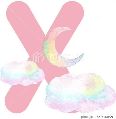 Alphabet A-Z isolated cute watercolor unicorn and stars clipart. Nursery unicorns illustration. Princess unicorns poster. Trendy pink cartoon horse. 85936059