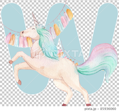 Alphabet A-Z isolated cute watercolor unicorn and stars clipart. Nursery unicorns illustration. Princess unicorns poster. Trendy pink cartoon horse. 85936060