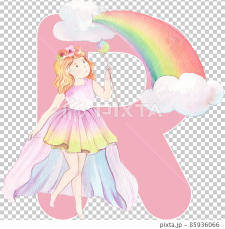 Alphabet A-Z isolated cute watercolor unicorn and stars clipart. Nursery unicorns illustration. Princess unicorns poster. Trendy pink cartoon horse. 85936066
