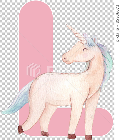 Alphabet A-Z isolated cute watercolor unicorn and stars clipart. Nursery unicorns illustration. Princess unicorns poster. Trendy pink cartoon horse. 85936073