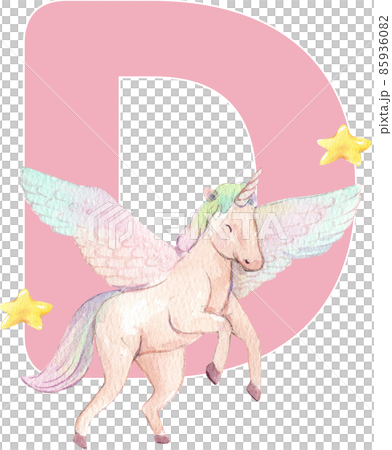 Alphabet A-Z isolated cute watercolor unicorn and stars clipart. Nursery unicorns illustration. Princess unicorns poster. Trendy pink cartoon horse. 85936082