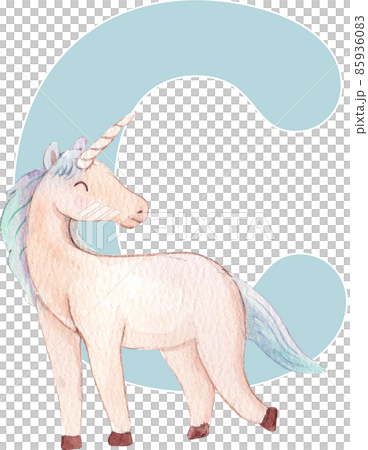 Alphabet A-Z isolated cute watercolor unicorn and stars clipart. Nursery unicorns illustration. Princess unicorns poster. Trendy pink cartoon horse. 85936083