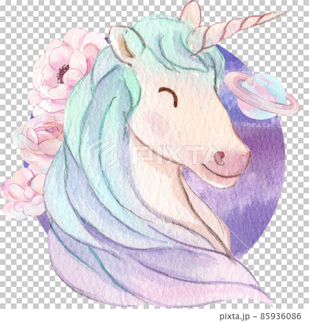 Cute watercolor unicorn and stars clipart. Nursery unicorns illustration. Princess unicorns poster. Trendy pink cartoon horse. 85936086