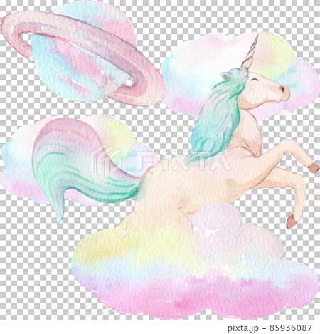 Cute watercolor unicorn and stars clipart. Nursery unicorns illustration. Princess unicorns poster. Trendy pink cartoon horse. 85936087