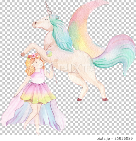 Cute watercolor unicorn and stars clipart. Nursery unicorns illustration. Princess unicorns poster. Trendy pink cartoon horse. 85936089