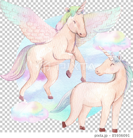 Cute watercolor unicorn and stars clipart. Nursery unicorns illustration. Princess unicorns poster. Trendy pink cartoon horse. 85936091