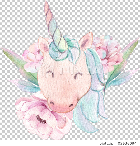Cute watercolor unicorn and stars clipart. Nursery unicorns illustration. Princess unicorns poster. Trendy pink cartoon horse. 85936094