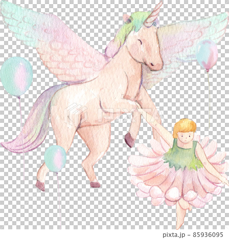 Cute watercolor unicorn and stars clipart. Nursery unicorns illustration. Princess unicorns poster. Trendy pink cartoon horse. 85936095
