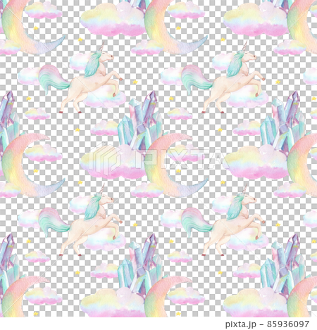Pattern seamless cute watercolor unicorn and stars clipart. Nursery unicorns illustration. Princess unicorns poster. Trendy pink cartoon horse. 85936097