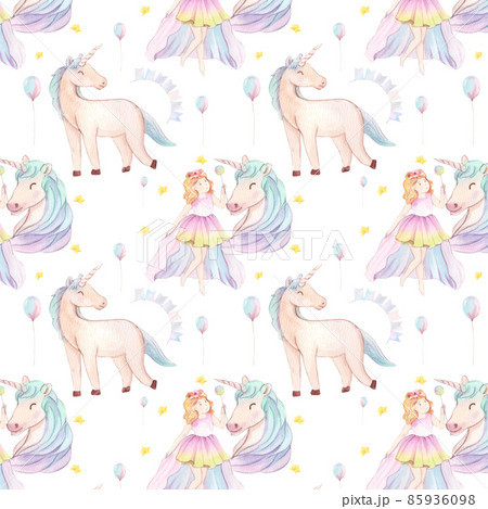 Pattern seamless cute watercolor unicorn and stars clipart. Nursery unicorns illustration. Princess unicorns poster. Trendy pink cartoon horse. 85936098