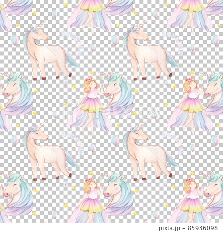 Pattern seamless cute watercolor unicorn and stars clipart. Nursery unicorns illustration. Princess unicorns poster. Trendy pink cartoon horse. 85936098
