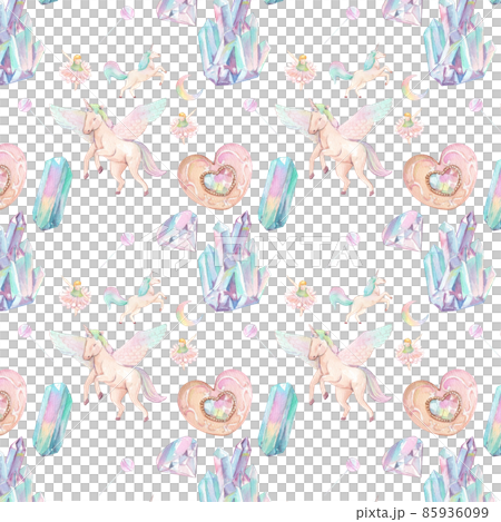 Pattern seamless cute watercolor unicorn and stars clipart. Nursery unicorns illustration. Princess unicorns poster. Trendy pink cartoon horse. 85936099