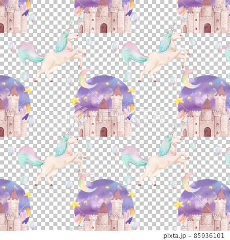 Pattern seamless cute watercolor unicorn and stars clipart. Nursery unicorns illustration. Princess unicorns poster. Trendy pink cartoon horse. 85936101