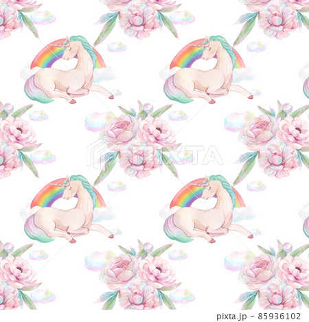 Pattern seamless cute watercolor unicorn and stars clipart. Nursery unicorns illustration. Princess unicorns poster. Trendy pink cartoon horse. 85936102