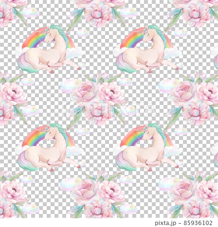 Pattern seamless cute watercolor unicorn and stars clipart. Nursery unicorns illustration. Princess unicorns poster. Trendy pink cartoon horse. 85936102