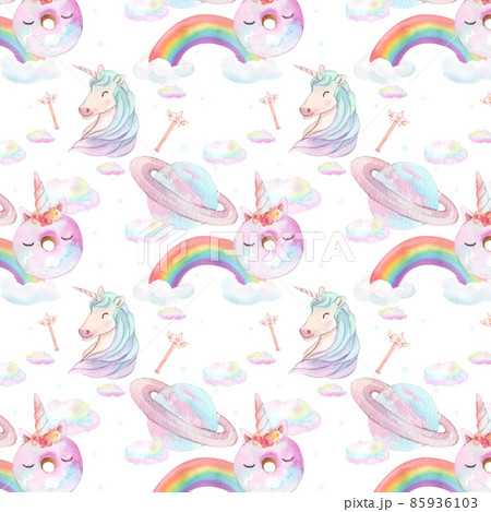 Pattern seamless cute watercolor unicorn and stars clipart. Nursery unicorns illustration. Princess unicorns poster. Trendy pink cartoon horse. 85936103