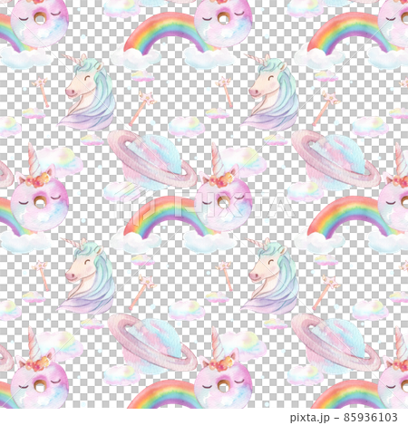 Pattern seamless cute watercolor unicorn and stars clipart. Nursery unicorns illustration. Princess unicorns poster. Trendy pink cartoon horse. 85936103