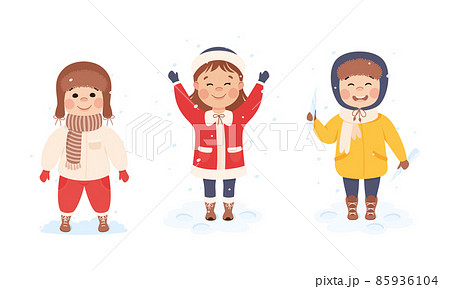 Excited Girl and Boy in Hat Playing Outdoor with Ice and Snow Falling Vector Set Excited Girl and Boy in Hat Playing Outdoor with Ice and Snow Falling Vector Set 85936104