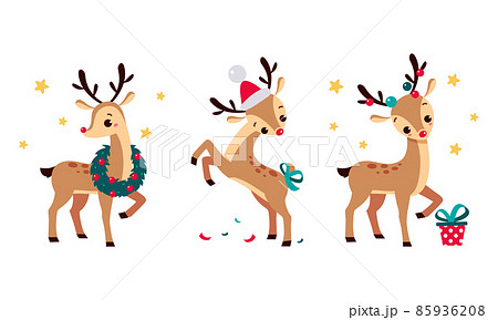 Slender Reindeer with Antler Wearing Hat and Wreath Vector Set 85936208