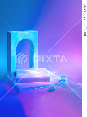 empty scene with podium and arch on neon background empty scene with podium and arch on neon background 85936497