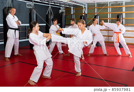 Kids working in pair, mastering kicks in karate class Kids working in pair, mastering kicks in karate class 85937981