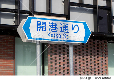 雪が降る日の道路標識(案内標識)。北海道函館市内「開港通り」。 85938008