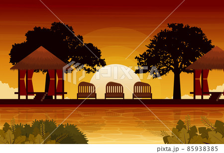 Beautiful Sunset Resort Hut Swimming Pool Bali Landscape View Illustration 85938385
