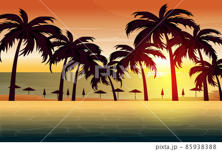 Beautiful Sunset Palm Coconut Bali Beach のイラスト素材 8593