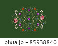 Pattern with an oval pattern for embroidery of bouquets with red-pink, roses, white flowers on a branch, violets and twigs with poppies on a dark green background 85938840