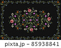Embroidery tablecloths of bouquets with pink-red roses, violets, poppies, white and blue flowers framed by twigs with blue flowers on a black background. 85938841
