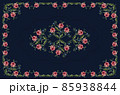 Embroidery of a blue tablecloth of bouquets and twigs with pink-red roses, violets and a wavy frame with a pattern of roses in the center 85938844