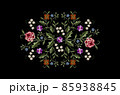Pattern for embroidery of an oval from bouquets with red roses, white flowers on a branch, delicate violets and twigs with stylized poppies on a black background 85938845