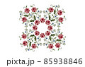 Pattern for embroidery of a square of bouquets of red-pink roses with leaves, delicate violets and a rim of roses on white background. 85938846