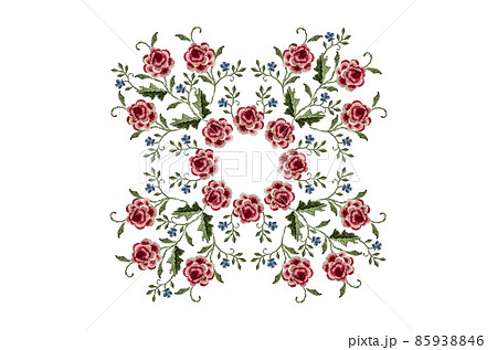 Pattern for embroidery of a square of bouquets of red-pink roses with leaves, delicate violets and a rim of roses on white background. Pattern for embroidery of a square of bouquets of red-pink roses with leaves, delicate violets and a rim of roses on white background. 85938846