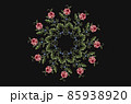 Embroidery of a round frame of twigs with red-pink roses flowers with leaves and a rim of delicate violets on twigs with leaves on a black background 85938920