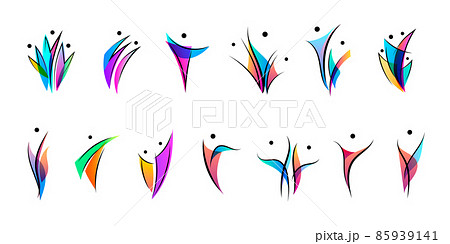 Vector set human body logos, people shapes, linear colorful stylized figures. Use for fitness, wellness, sport competitions, other activities identity. Family, community, together. 85939141