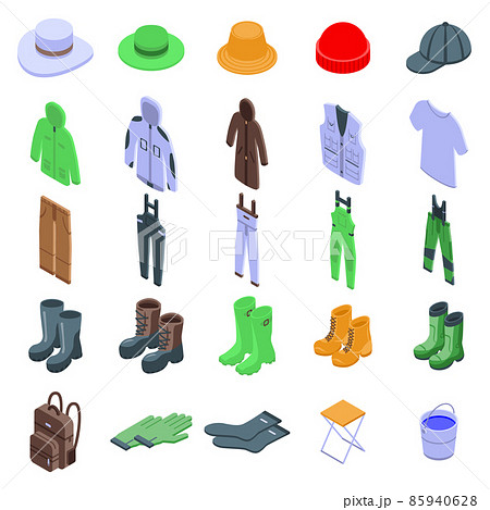 Fisherman clothes icons set, isometric style 85940628