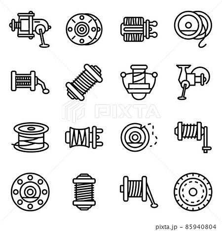 Fishing reel icons set, outline style Fishing reel icons set, outline style 85940804