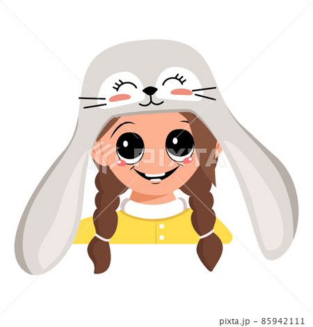 Avatar of girl with big eyes and wide happy smile in cute rabbit hat with long ears. Head of child with joyful face for holiday Easter, New Year or carnival costume for party. Vector flat illustration Avatar of girl with big eyes and wide happy smile in cute rabbit hat with long ears. Head of child with joyful face for holiday Easter, New Year or carnival costume for party. Vector flat illustration 85942111