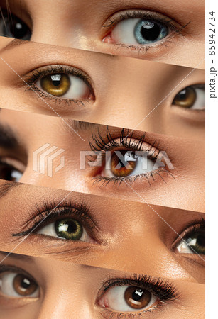 Collage. Set of close-up female beautiful eyes. Looking away. Natural beauty, wellness, well-kept skin, herbal cosmetics concept Collage. Set of close-up female beautiful eyes. Looking away. Natural beauty, wellness, well-kept skin, herbal cosmetics concept 85942734