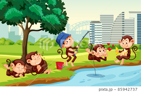 Park scene with little monkeys doing different activities 85942737