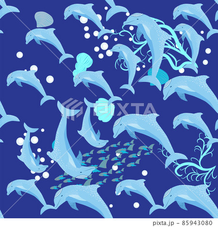 Dolphin, sea inhabitants seamless pattern, beautiful character among seashells, algae, starfish, marine wildlife. 85943080