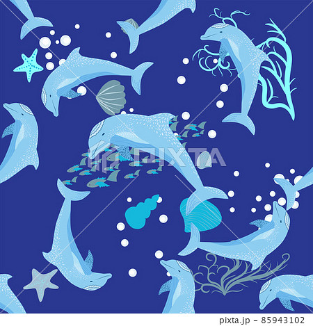 Dolphin, sea inhabitants seamless pattern, beautiful character among seashells, algae, starfish, marine wildlife. 85943102